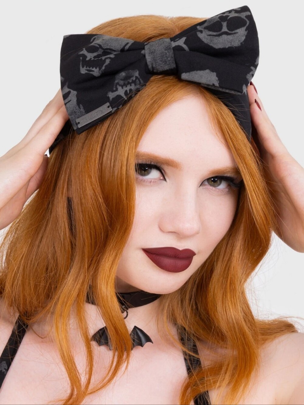 Killstar Black Skull Print Bow Headband